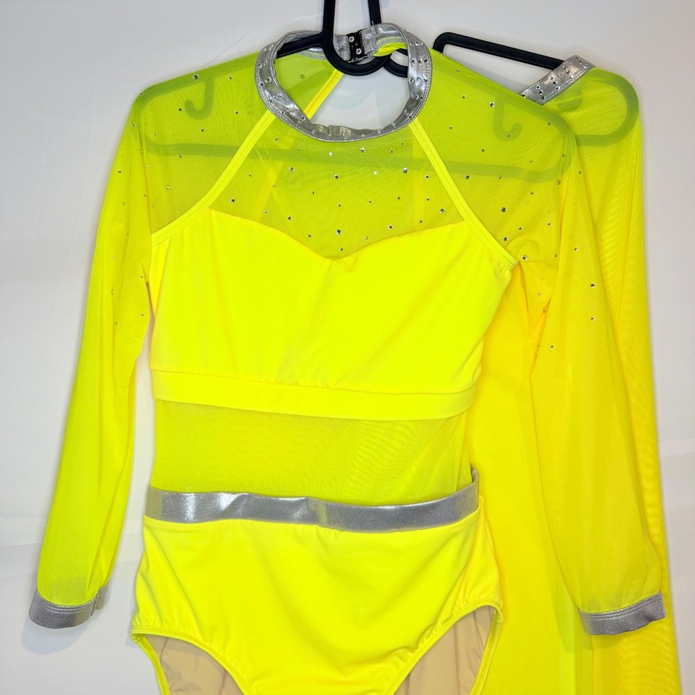 Double Platinum Size Medium Neon Yellow Rhinestone Leo and Skirt Dance Costume - Picture 4 of 10